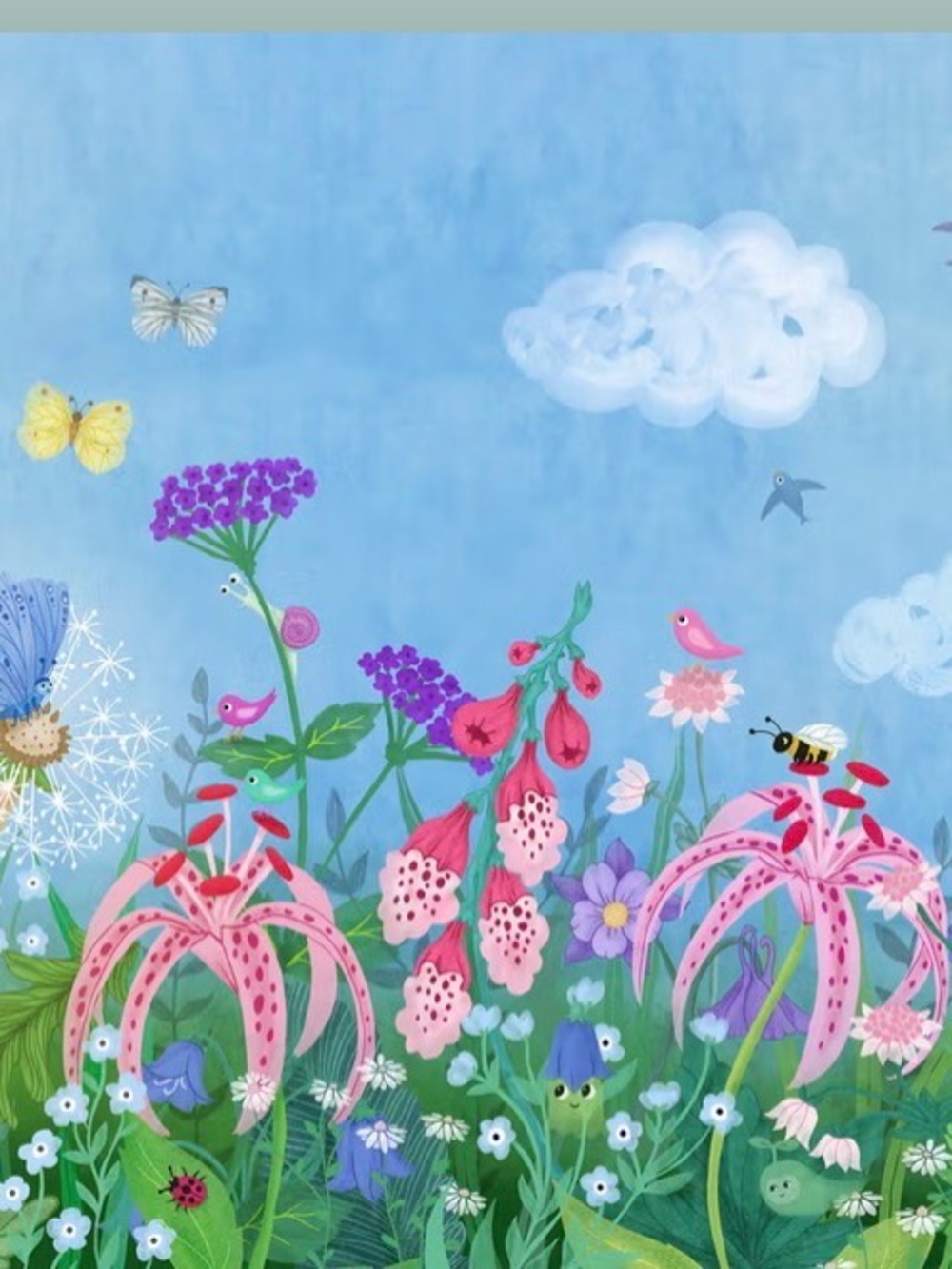 Whimsical Floral Garden Wallpaper Mural in Blue and Pink